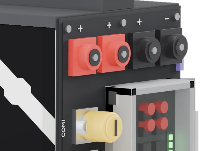 Close-up of the connector column: power terminals, communication ports and the LED window