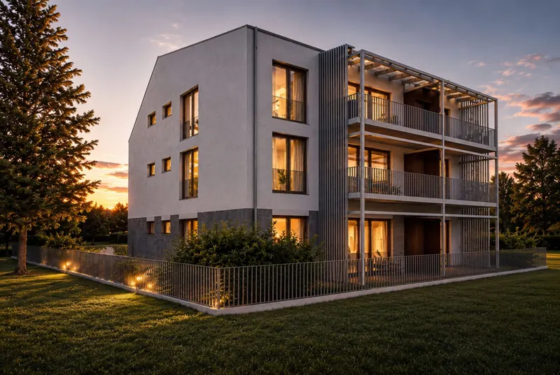 Apartment building with balconies at sunset
